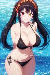 ai_generated arisato_yu beach big_breasts bikini black_bikini black_hair black_hair_female black_swimsuit black_swimwear date_a_live ocean red_eyes swimsuit swimwear thick_thighs tokisaki_kurumi twintails water yellow_eyes