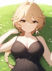 aether_(genshin_impact) ai_generated black_dress blonde_hair breasts ear_piercing gender_transformation genderswap_(mtf) genshin_impact golden_eyes long_hair looking_at_viewer male_to_female rule_63 transformation white_skin