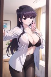 ai_generated ailucius777 big_breasts cute female komi-san_wa_komyushou_desu komi_shouko light-skinned_female open_shirt pantyhose school_uniform selfie