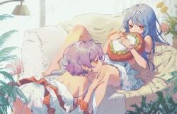 2girls all_fours apron arm_support artist_request bare_shoulders barefoot between_legs blanket bloom blue_hair blurry blurry_background blurry_foreground blush bra_strap breasts closed_eyes clothes_down couch couple covered_mouth covering_own_mouth covering_privates cunnilingus curtains depth_of_field dot_nose facing_to_the_side flower foot_out_of_frame frilled_apron frilled_pillow frills from_side glass_door guozimiao hand_on_another&#039;s_leg hands_up heart heart-shaped_pillow highres hinanawi_tenshi holding holding_pillow hugging_object iku_nagae implied_cunnilingus indoors knee_up lamp large_breasts leaf light_particles light_purple_hair long_hair lying mature_female multiple_girls muted_color nagae_iku no_headwear older_female older_woman_and_teenage_girl on_back on_couch panties pantyshot pillow pillow_hug pink_flower pink_rose plant plantar_flexion profile purple_hair red_eyes rose scrunchie shadow short_hair sideboob spread_legs strap_slip swept_bangs tenshi_hinanawi toes touhou u_u underwear vase waist_apron white_apron white_panties white_scrunchie wrist_scrunchie yellow_flower yellow_rose yuri