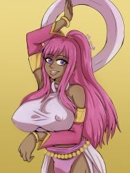 1futa big_breasts blush breasts bulge clothed clothing dancer dancer_outfit dancing dark-skinned_futanari dark_skin enormous_breasts flaccid futa_only futanari human long_hair megumipan616 miss_diantha mostly_clothed nipple_bulge nipples_visible_through_clothing original original_character pink_hair purple_eyes self_upload simple_background smile solo standing