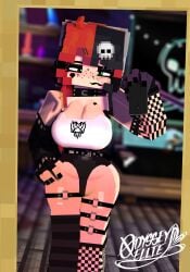 1girls 3d armwear biting_lip black_lipstick choker cleavage ellie_walls_(odysseyellie) female female female_only fishnets freckles goth goth_girl green_eyes legwear light-skinned_female light_skin lipstick looking_at_viewer minecraft mirror mirror_selfie multicolored_hair odysseyellie painted_nails selfie solo solo_female tattoo