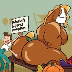 2boys big_ass big_butt big_chest big_pecs blonde_hair eggplant furrypickles horse huge_ass huge_butt julian_(furrypickles) male male_only presenting_hindquarters pumpkin squash_(fruit)