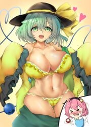 2girls alternate_version_at_source alternate_version_available big_breasts blush bra breasts cleavage clothed_female green_eyes green_hair hat heart heart-shaped_pupils koishi_komeiji light-skinned_female open_clothes open_mouth panties pink_hair poke200 reo_adriano_(artist) satori_komeiji siblings sisters skirt_down thick_thighs thighs third_eye touhou