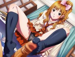 alternate_hairstyle blush bow brown_eyes cardigan censored dutch_angle feet female footjob hairbow human long_hair looking_at_viewer love_plus male necktie no_shoes orange_hair panties penis sameha_ikuya school_uniform socks straight takane_manaka toes underwear