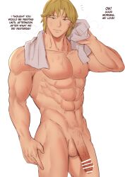 1boy abs blonde_hair brown_eyes camus_(fire_emblem) censored completely_nude completely_nude_male ebinku english_text fire_emblem fire_emblem_echoes:_shadows_of_valentia flaccid looking_at_viewer male male_only muscular muscular_male nintendo nude nude_male short_hair solo sweat text towel white_background zeke_(fire_emblem)