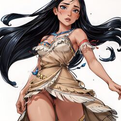 1girls ai_generated arbitrary black_hair disney disney_princess hi_res native_american pocahontas pocahontas_(character) pubic_hair pussy stable_diffusion