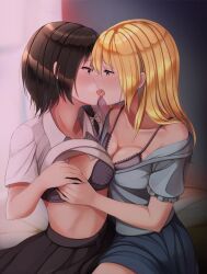 2girls asymmetrical_hair bed black_skirt blonde_hair blue_shirt blue_skirt blush bra breasts breath brown_eyes brown_hair cleavage clothes_lift clothes_pull collarbone collared_shirt commentary cowboy_shot face-to-face french_kiss fumei_(mugendai) furrowed_brow hair_between_eyes hair_ribbon heavy_breathing indoors kissing lace lace-trimmed_bra lace_trim looking_at_another maribel_hearn medium_breasts midriff multiple_girls off_shoulder on_bed open_mouth ponytail purple_bra purple_eyes renko_usami ribbon saliva shirt shirt_lift shirt_pull sitting skirt straight_hair sweat sweatdrop tongue tongue_out touhou tress_ribbon underwear usami_renko white_ribbon white_shirt window wing_collar yuri