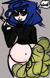 1boy blue_hair fart_fetish farting fat_butt glaring goth green_eyes low_effort male oc original pale-skinned_male short_male simple_background skinny smoking supersludge text_bubble thick_thighs toony