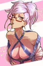 1girls ayase_seiko bare_shoulders beehive_hairdo bimbo dandadan exposed_shoulders gilf glasses gold_hoop_earrings hair_unraveled hair_up haysey_draws hoop_earrings hoop_earrings_oversized lavender_hair looking_at_viewer milf object_in_mouth pulled_up_hair revealing_clothes smoking toothpick_in_mouth updo