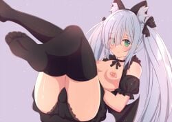 1girls alternate_costume areolae areolae_slip azur_lane bandaids bandaids_on_nipples black_stockings blue_hair blush embarrassed eyebrows_visible_through_hair fake_animal_ears fake_cat_ears female female_only green_eyes hair_ornament janus_(azur_lane) janus_(fright-night_scaredy-cat)_(azur_lane) light-skinned_female light_skin looking_at_viewer official_alternate_costume royal_navy_(azur_lane) solo stockings twintails wings xia_xia_mao