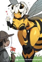 1boy 1girls ai_generated bee bee_girl bending_over bent_over black_sclera breasts curvy ex-ragnarokknight female flower flying_sweatdrops hand_on_own_thigh hat hips insect_girl insect_wings monster monster_girl nervous nervous_smile offering smaller_male smile standing tall tall_female taller_female taller_girl thighs wavy_mouth white_background white_hair wings yellow_body yellow_eyes