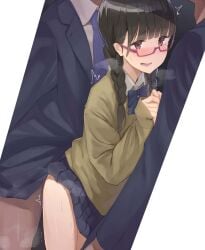 1girl2boys 1girls 2boys black_hair black_skirt black_suit blue_bow blue_necktie blush blushing bottomless bottomless_female bow braid brown_eyes brown_hair chikan crying crying_with_eyes_open faceless faceless_male female glasses heavy_breathing hetero highres implied_sex implied_threesome jimiko jumper long_hair looking_away molestation multiple_boys necktie nervous no_panties open_mouth original pink_glasses public public_sex rape school_uniform sex shaking shaky_legs skirt skirt_lift standing straight suit suzuki_(68914435) suzuki_(pixiv68914435) sweat sweater sweating tears threesome tie train trembling twin_braids twintails visible_breath