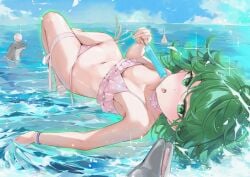 1girls animal aura ball beachball bikini bird blue_sky blush bracelet breasts choker cleavage cloud commentary curly_hair day dema_hmw dolphin female food frilled_bikini frills green_eyes green_hair highres holding holding_food jewelry looking_at_viewer lying navel nose_blush ocean on_back one-punch_man open_mouth outdoors pink_bikini pink_choker popsicle sandals short_hair side-tie_bikini_bottom sky small_breasts solo stomach swimsuit tatsumaki thigh_strap thighs tongue tongue_out water wristband