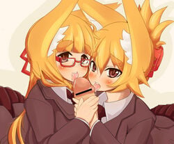 2girls animal_ear blonde_hair breasts brown_eyes censored collaborative_fellatio double_fellatio fellatio fox_ear fox_girl hair inari_(tsumetoro) ketsune_(tsumetoro) licking long_hair multiple_fellatio multiple_girls natsupoi open_mouth oral original penis short_hair teamwork tongue tsumetoro upper_body