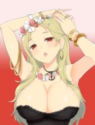 1girls 2d big_breasts black_dress blonde_hair blush breasts busty cleavage flower flower_in_hair hairclip hands_above_head large_breasts long_hair marvelous official_art red_eyes senran_kagura shiki_(senran_kagura) solo yaegashi_nan