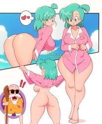 ass big_ass blue_eyes bulma's_panty_flash bulma_briefs dragon_ball dragon_ball_(classic) flashing heart lunaexhabbitix master_roshi mosaic_censoring no_panties nopan revealing_clothes tagme teenage_bulma tongue_out