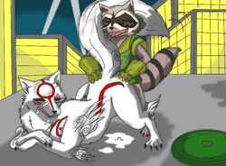 amaterasu anthro anthro_only building canine capcom claws cum deity doggy_style female from_behind interspecies male marvel marvel_comics marvel_vs._capcom marvel_vs._capcom_3 okami raccoon rocket_raccoon sex unknown_artist video_games wolf