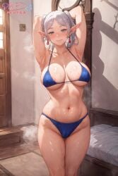 1girls ai_generated aiporndude armpits_hairy arms_behind_head arms_up belly belly_button bikini bikini_bottom bikini_top blush cameltoe curvaceous curvy curvy_body curvy_female curvy_figure earrings elf elf_ears elf_female elf_girl female frieren huge_breasts inside large_breasts lips looking_at_viewer looking_pleasured navel pointy_ears shiny shiny_skin smile smiling smiling_at_viewer smirk smirking smirking_at_viewer solo solo_female solo_focus sousou_no_frieren steam steaming_body sweat sweatdrop sweating thick_thighs twintails white_hair