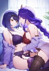 2girls ai_generated big_breasts blue_hair blush bob_cut bra brown_eyes embarrassed embarrassed_female genshin_impact grabbing_hips hip_grab holding_hips hoyoverse intimate kujou_sara lingerie lingerie_only long_hair looking_at_viewer on_top on_top_of_another open_shirt panties purple_eyes purple_hair raiden_shogun setsuaiart setsumanga shirt_down shirt_open shirtless short_hair sideboob slim_waist stockings thick_thighs thighhighs wide_hips yuri