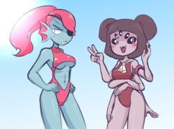 2d 2girls 5_eyes 6_arms brown_hair eyepatch female female_only fish fish_girl humanoid muffet nekuzx ponytail red_hair spider spider_girl swimsuit tagme underboob undertale undertale_(series) undyne