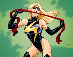 1girls black_gloves black_leotard blonde_hair bodysuit carol_danvers female female_only high_heels human human_only inkermoy leotard licking light-skinned_female light_skin long_hair marvel mask ms._marvel ms._marvel_(carol_danvers) on_model sash superheroine tagme