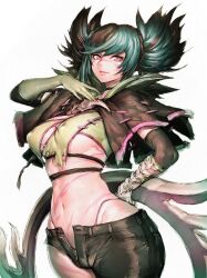 arms_behind_back asymmetrical_gloves asymmetrical_underboob black_hair breasts commentary_request female fumio_(rsqkr) gloves green_hair highres light_smile looking_at_viewer medium_breasts mole mole_under_eye navel short_hair short_shorts shorts simple_background solo soul_calibur tira tira_(soulcalibur) twintails underboob uneven_gloves white_background