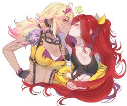 2girls big_breasts black_crop_top blonde_hair blush cleavage closed_eyes crop_top dark-skinned_female dyed_hair elly_(vtuber) gloves goggles indie_virtual_youtuber jacket kissing kokonuts light-skinned_female long_hair medium_breasts mole mole_on_breast pink_hair ponytail red_hair slim_waist tattoo tattooed_arm tattoos topwear virtual_youtuber vtuber white_background yuri