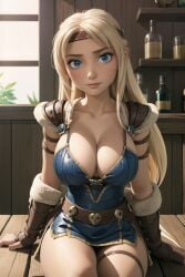 1girls ai_generated astrid_hofferson belt big_breasts blonde_hair blue_clothing blue_eyes blush boobs bracers breast breasts cleavage collarbone curvaceous curvaceous_body curves curvy curvy_body curvy_female curvy_figure dreamworks exposed_breast exposed_breasts eyelashes fantasyai female female_only front_view fur_trim hourglass_figure how_to_train_your_dragon indoors inner_sideboob large_breasts light-skinned_female light_skin lips long_hair looking_at_viewer pauldrons revealing_clothes sitting sitting_on_table solo solo_female thick_thighs thigh_strap thighs voluptuous voluptuous_female window