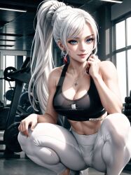 1girls ai_generated blue_eyes breasts cleavage clothes clothing female fit fit_female hair_ornament midriff mrvectorpath navel necklace ponytail rwby smile solo squatting tight_pants weiss_schnee white_hair workout_clothing