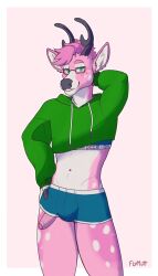 anthro boxer_briefs bra bulge clothing dain_(dainthedeer) deer eyewear floyote genitals glasses green_clothing green_hoodie green_topwear hair hi_res hoodie looking_at_viewer male mammal markings midriff penis pink_body pink_hair poking_out pose solo sports_bra spots spotted_markings topwear underwear