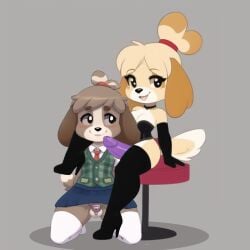 ai_generated animal_crossing anthro balls bottomwear canid canine canis chastity_cage chastity_device clothed clothing collar corset crossdressing digby_(animal_crossing) dildo domestic_dog dominant dominant_female duo edited elbow_gloves female femboy footwear genitals gloves high_heel_boots high_heels imminent_pegging incest isabelle_(animal_crossing) latex leash legwear lingerie low_res male male/female mammal nintendo panties raised_bottomwear raised_clothing raised_skirt sex_toy shoes simple_background simple_coloring simple_shading skirt stockings strap-on strapon thigh_highs topwear underwear video_games