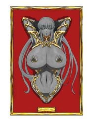 1female 1girls arms_behind_head belly_button big_breasts breasts cracks emotionless expressionless fate/grand_order fate_(series) female female_only gold_(metal) grey_hair huge_breasts ierou_yellow immobile immobilized lipstick morgan_le_fay_(fate) naked naked_female name_plaque name_tag navel neck_brace nipple_rings nude nude_female petrification restrained solo_female statue stone stone_body trophy turned_to_stone variant variant_set wall