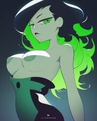 1girls black_hair breasts disney disney_channel female female_only flipherrrr green_eyes green_skin kim_possible nipples shego tagme topless