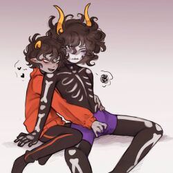 2boys black_hair clothed clothing cuntboy cupidity facepaint from_behind gay grey_body homestuck horns intersex kankri_vantas kurloz_makara male over_clothes red_sweater sitting sweater tagme troll yaoi