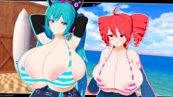 2girls 3d ahoge alternate_breast_size areola_slip areolae armpits arms_behind_head arms_up beach big_breasts bikini blue_eyes blue_hair breast_envy breast_size_difference breasts cleavage cyshen detached_sleeves female female_only hatsune_miku headgear headphones huge_breasts kasane_teto koikatsu large_breasts massive_breasts overflowing_breasts pout red_eyes red_hair slosh sloshing_breasts striped_bikini twin_drills twintails utau vocaloid