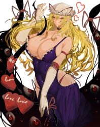 1girls big_breasts blonde_hair breasts cleavage hat heart light-skinned_female long_gloves long_hair mature_female mole_under_eye pointy_ears purple_dress red_eyes revealing_clothes solo solo_female tomatolover16 touhou valentine valentine's_day white_background yakumo_yukari yukari_yakumo