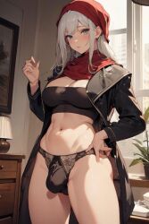 ai_generated black_clothing black_coat black_panties black_underwear bulge bulge_through_clothing coat daytime futa_only futanari head_scarf headscarf indoors long_hair looking_at_viewer original original_character panties partially_clothed pixai raised_arm red_scarf scarf solo solo_futa standing underwear white_hair