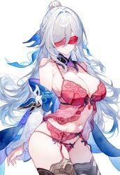 ai_generated belly_button big_ass big_breasts blindfold bra dress_down dress_removed eyes_covered garter_belt garter_straps honkai:_star_rail honkai_(series) hoyoverse jingliu_(honkai:_star_rail) lingerie lingerie_only long_hair long_sleeves necklace panties setsuaiart slim_waist stockings thick_thighs thighhighs underwear white_hair wide_hips