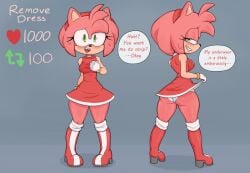 accessory amy_rose anthro blush boots bracelet breasts clothed clothing eulipotyphlan female fur gloves green_eyes hair_accessory hairband handwear hedgehog jewelry lifting_skirt mammal nipples_visible_through_clothing panties pink_body pink_fur pinkfalcon sega shirt solo sonic_(series) sonic_the_hedgehog_(series) speech_bubble strip_game tease thick_thighs twitter_strip_game_(meme)