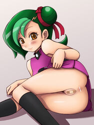 anus ass bandages bandaid bandaid_on_pussy black_legwear blush brown_eyes censored green_hair hair_bun kotori_mizuki maebari mizuki_kotori_(yuu-gi-ou_zexal) pussy smile tori_meadows tsumitani_daisuke yu-gi-oh! yu-gi-oh!_zexal yuu-gi-ou yuu-gi-ou_zexal