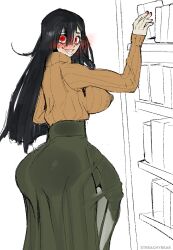 1futa ass balls big_ass big_ass_(futa) big_balls big_breasts big_bulge big_butt big_penis black_hair bookshelf breasts bulge bulge_through_clothing clothed clothing erection fully_clothed futa_only futanari glowing_eyes huge_ass huge_balls huge_breasts huge_cock human hung_futanari light-skinned_futanari long_hair looking_at_viewer looking_back looking_back_at_viewer mostly_clothed original penis penis_visible_through_pants pumpkin_spice_stalker_(streachybear) red_eyes skirt smile smiling smiling_at_viewer solo solo_futa stalker standing streachybear sweater white_background