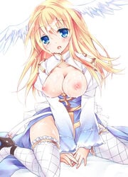 1girls archbishop between_legs blonde_hair blue_eyes breasts breasts_out cross cum cum_on_body cum_on_breasts cum_on_lower_body cum_on_upper_body female fishnet_legwear fishnets head_wings long_hair nipples open_mouth ragnarok_online sitting solo soraishinya wariza white_wings wings