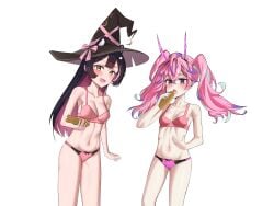 2girls animal_ears belly black_hair blush blush_stickers bra bread breasts commission food hair_ornament hair_ribbon hat highres looking_at_viewer medium_breasts multicolored_hair multiple_girls navel nebi_nebu nose open_mouth panties pink_hair pixellink purple_eyes raccoon_ears raki_kazuki ribbon small_breasts thighs underwear underwear_only virtual_youtuber white_background yellow_eyes