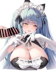 animal animal_ear_fluff apron blue_hair breasts censored cum cum_on_body cum_on_breasts facial female gloves goddess_of_victory:_nikke heart heart_hands highres large_breasts looking_to_the_side maid maid_apron official_alternate_costume penis privaty_(nikke) privaty_(unkind_maid)_(nikke) twintails yatanukikey yellow_eyes