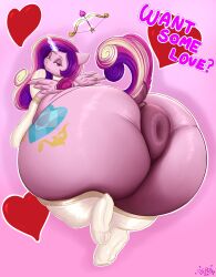 2024 absurd_res alicorn anus ass big_butt cutie_mark derpx1 digital_media_(artwork) english_text equid equine eyebrows eyelashes female friendship_is_magic half-closed_eyes hasbro heart hi_res horn huge_butt looking_at_viewer looking_back mammal my_little_pony narrowed_eyes princess_cadance_(mlp) puffy_anus rear_view solo text wings