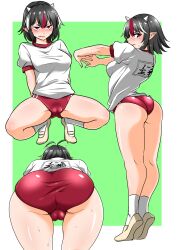 ahoge ass bare_legs bent_over black_hair blush breasts buruma cameltoe cleft_of_venus cone_horns embarrassed fat_mons female from_behind full_body green_background gym_uniform highres horns kijin_seija lips looking_at_viewer looking_back medium_breasts multicolored_hair multiple_views outstretched_arms pointy_ears red_eyes red_hair seija_kijin shiraue_yuu shirt shoes short_hair short_sleeves simple_background socks spread_legs squatting stretching sweat thighs tiptoes touhou white_hair white_shirt yellow_footwear