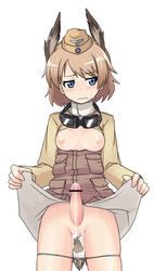 animal_ear ashiga_oreta blonde_hair blue_eyes blush breasts breasts_out censored clothing cum cum_on_clothes cum_on_panties cumdrip dress_lift ejaculation erection futanari goggles hat head_wings highres intersex medium_breasts military military_uniform panties panty_pull penis pubic_hair pussy raisa_pottgen shirt shirt_lift short_hair small_breasts strike_witches sweatdrop tail uniform