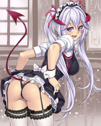 ass beige_skin bent_over breasts butt_crack clothes color demon_girl demon_horns demon_tail devil_girl female female_only garter_straps hair horns houtengeki indoors large_breasts lavender_hair leaning_forward long_hair looking_back maid maid_headdress open_eyes open_mouth original panties purple_eyes raised_tail smile solo spade_tail tail thighhighs thong tied_hair twintails underwear white_legwear wrist_cuffs