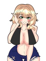 1girls big_breasts blonde_hair blush breasts elara_(vtuber) elf elf_ears elf_female female female_only green_eyes huge_breasts indie_virtual_youtuber looking_at_viewer short_hair simple_background smile solo virtual_youtuber white_background